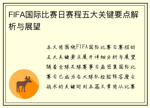 FIFA国际比赛日赛程五大关键要点解析与展望