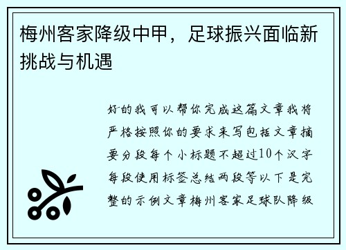 梅州客家降级中甲，足球振兴面临新挑战与机遇